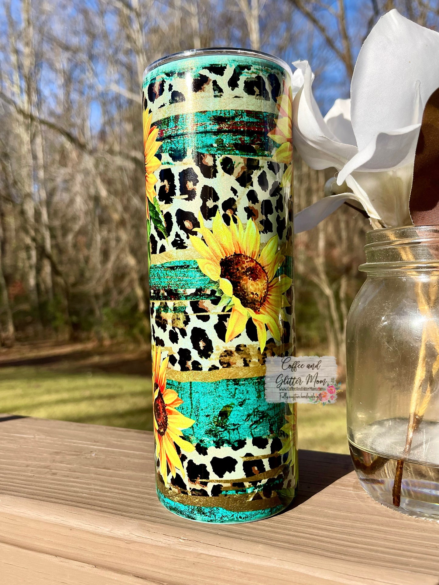Rustic Sunflower Leopard 20oz Holographic Mint Skinny Tumbler