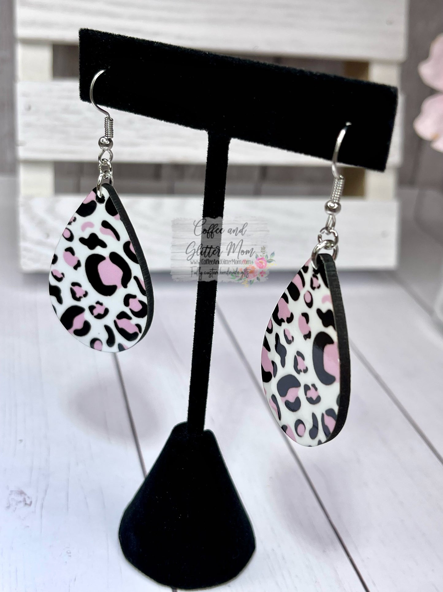 Pink and White Animal Print Teardrop Earrings