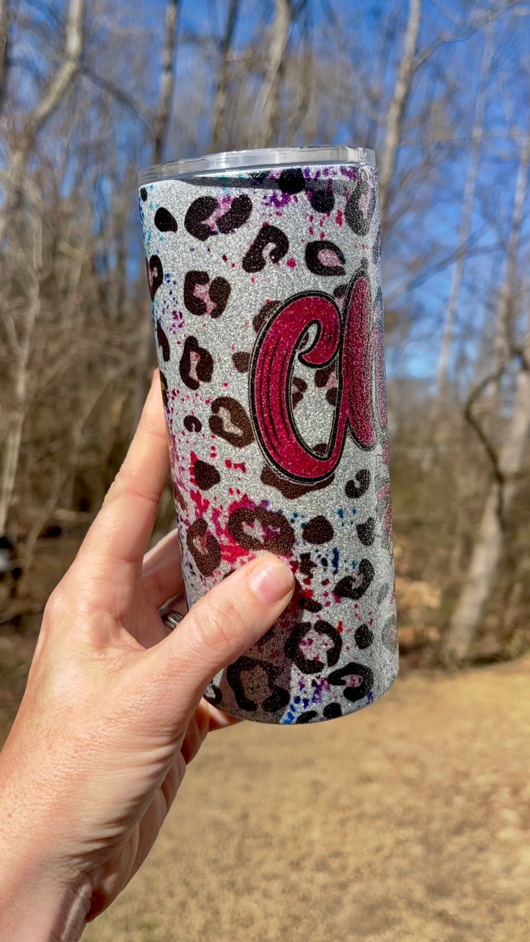 Animal Print Pink Cheer 15oz Silver Glitter Skinny Tumbler