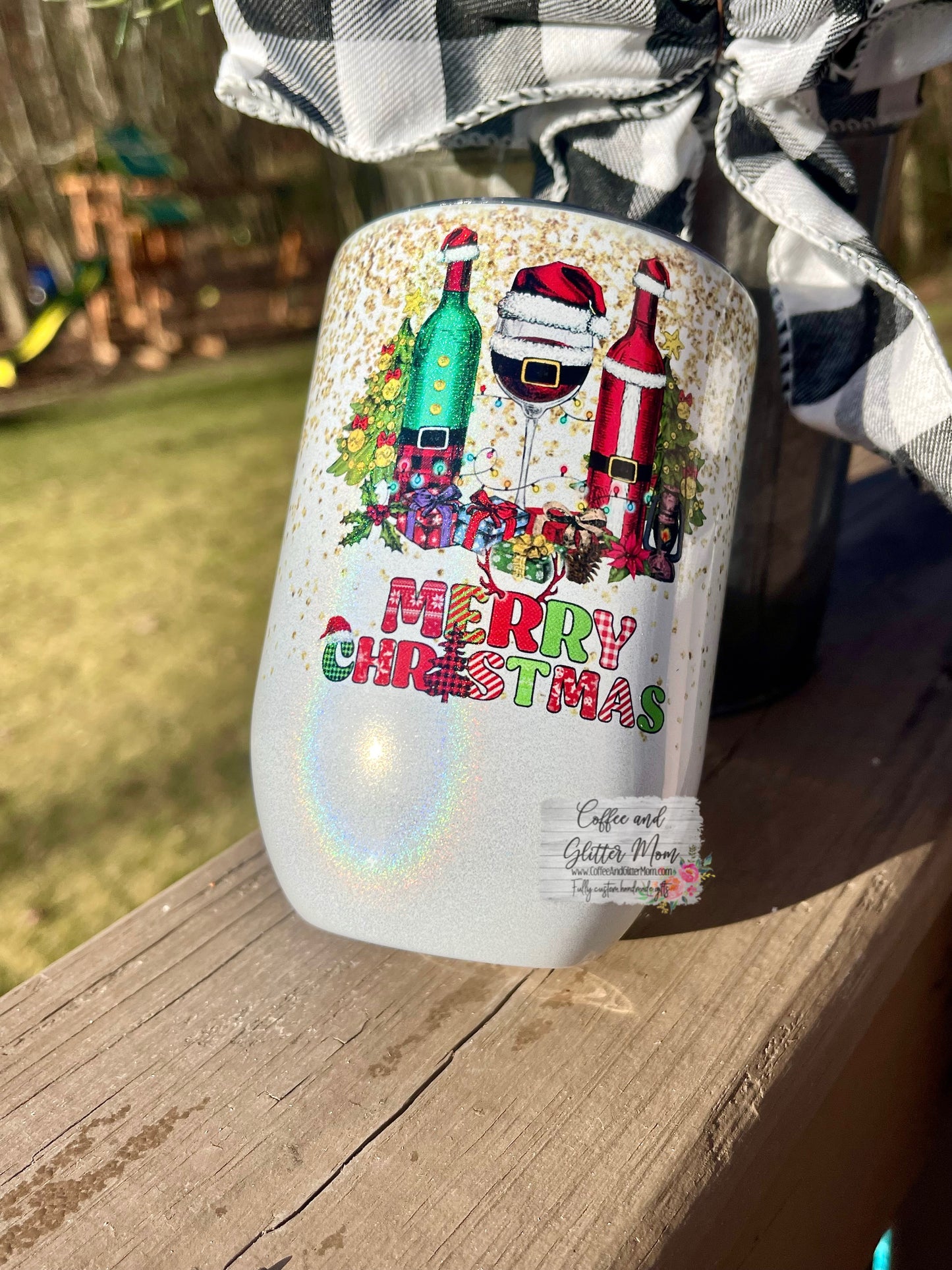 Merry Christmas Wine Bottle 12oz Holographic Sparkle Wine Tumbler