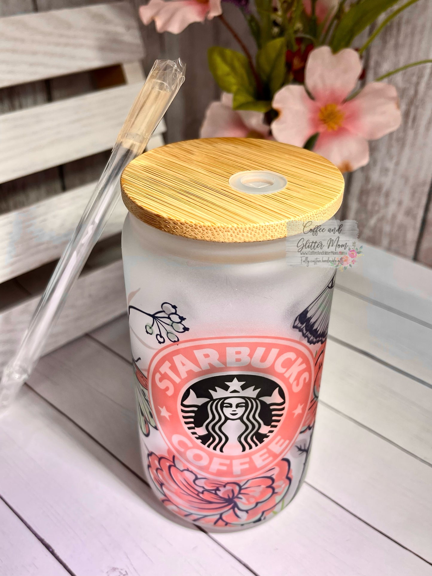 Pink Butterfly Starbucks 12oz Glass Can