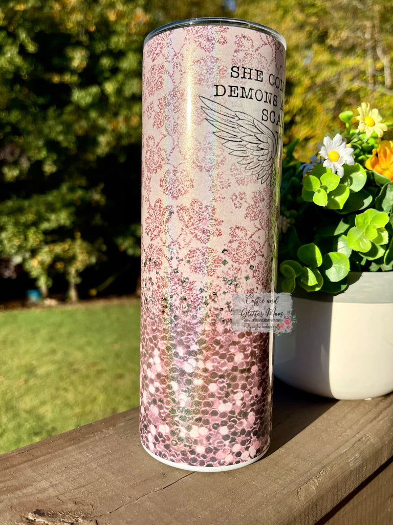 Wore Her Scars Like Wings 20oz Holographic Pink/White Skinny Tumbler