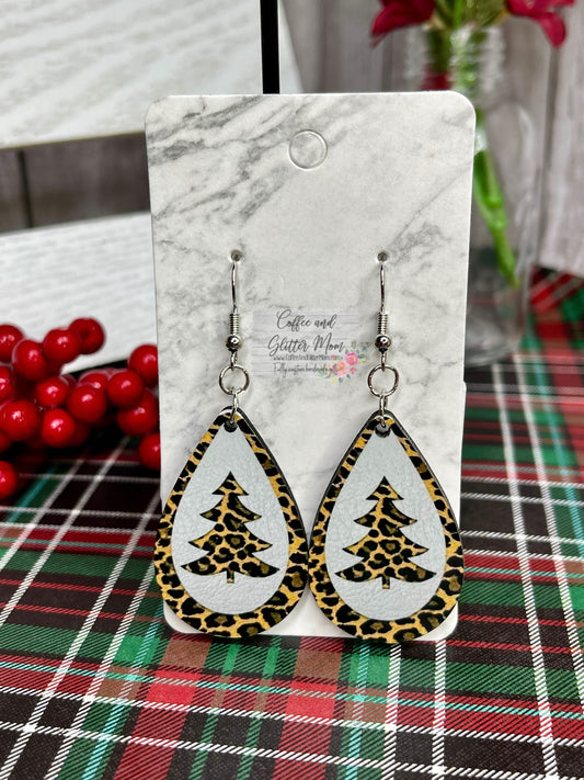 Leopard Print Tree Christmas Earrings