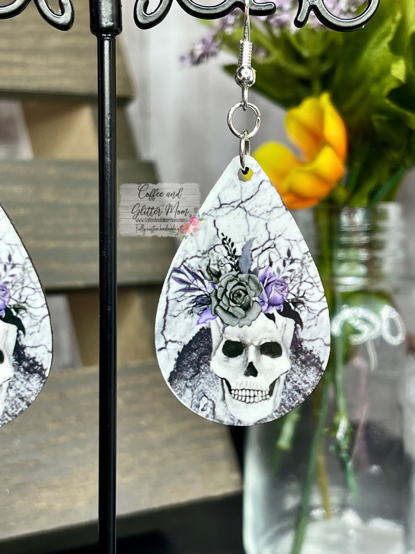 Lavender Rose Skull Earrings