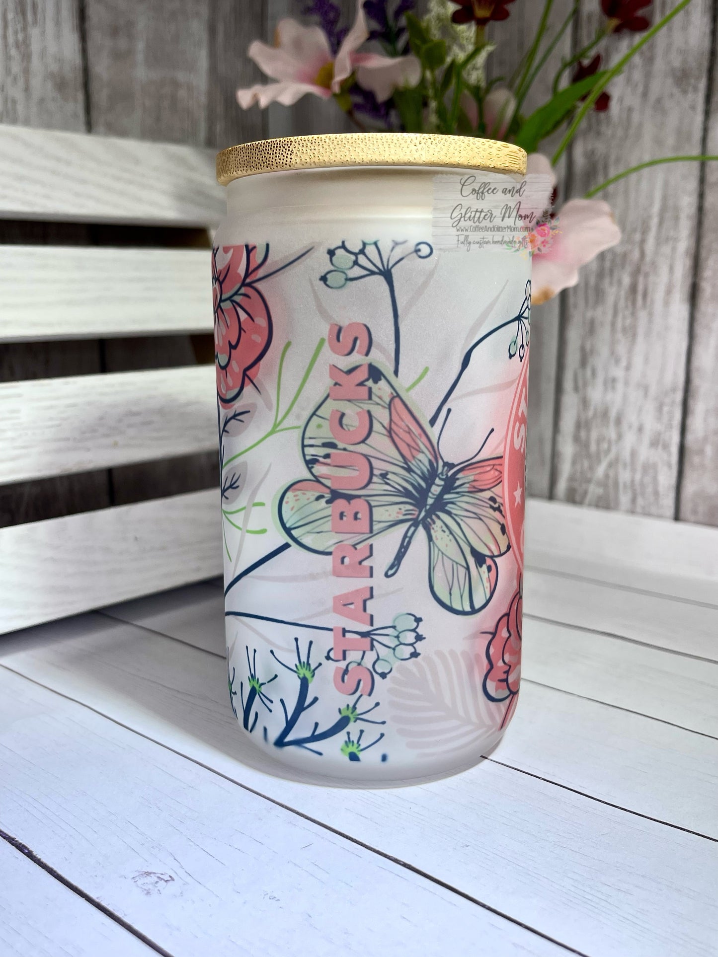 Pink Butterfly Starbucks 12oz Glass Can