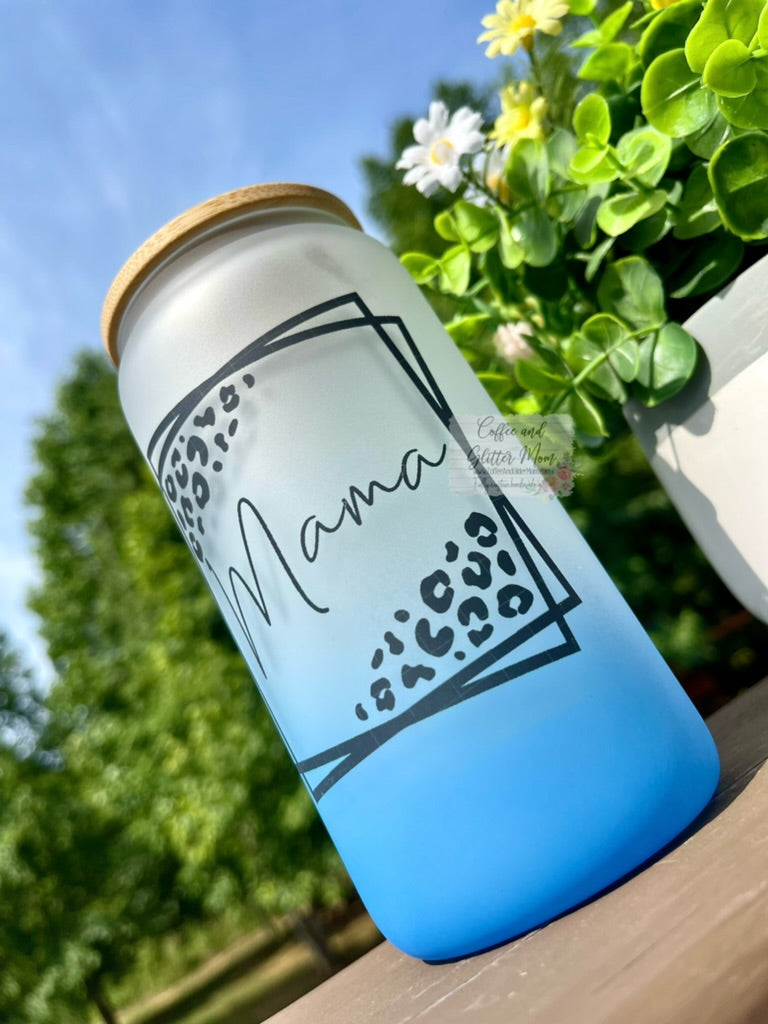 Mama Animal Print Squares 16oz Blue Ombre Glass Can