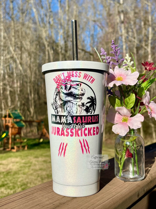 Don't Mess With Dino Mama 16oz White Rainbow Tumbler