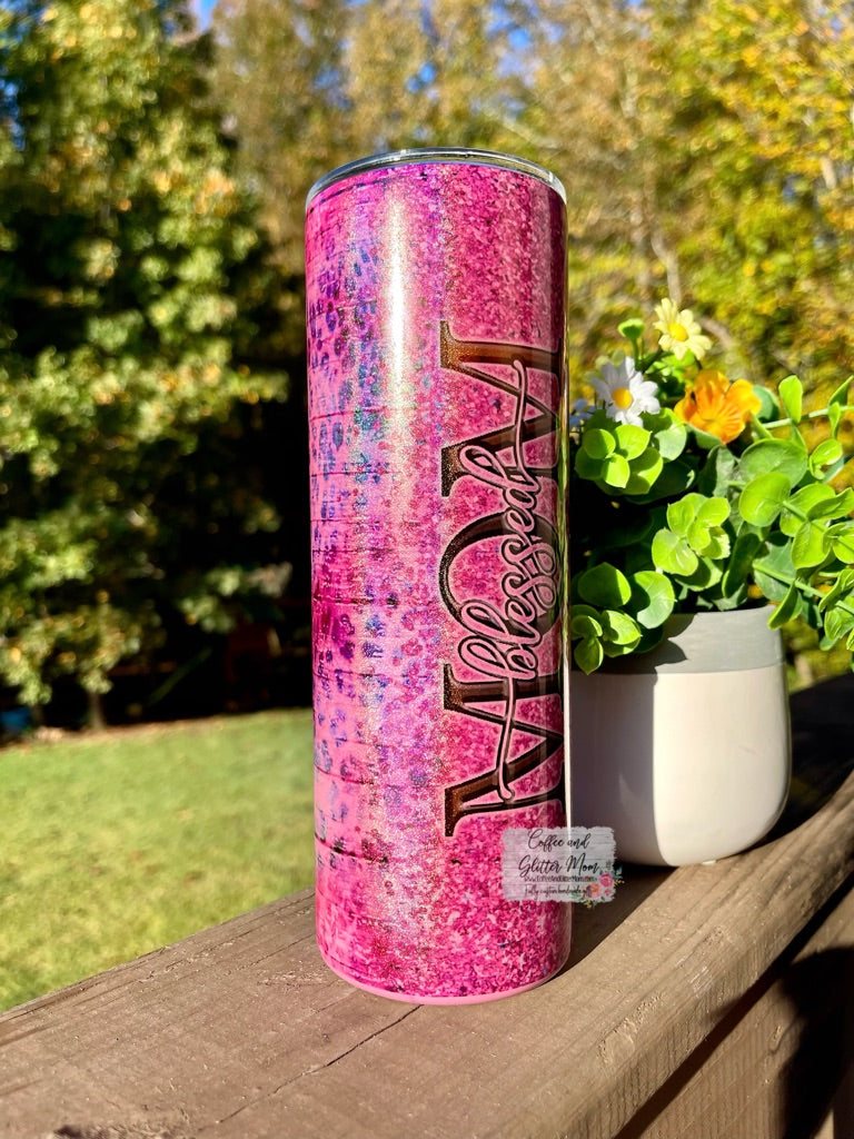 Pink Glitter Blessed Mama Tumbler