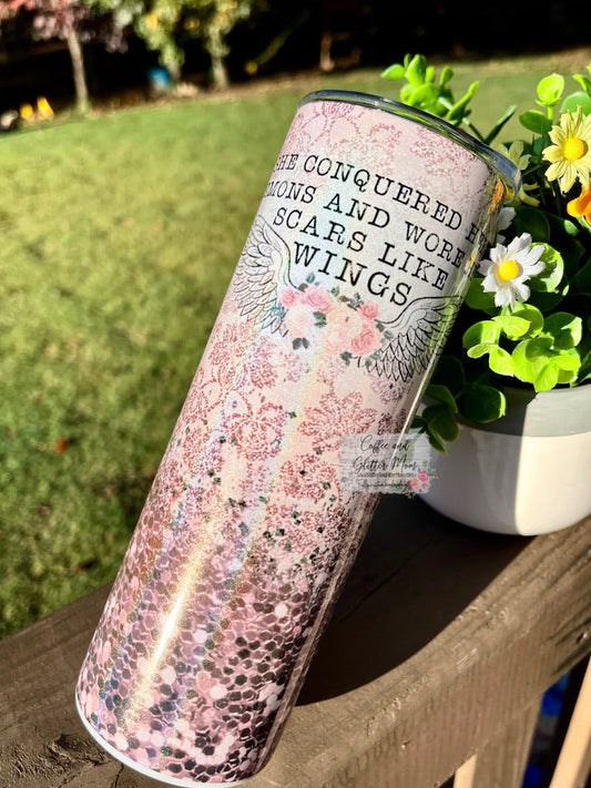 Wore Her Scars Like Wings 20oz Holographic Pink/White Skinny Tumbler
