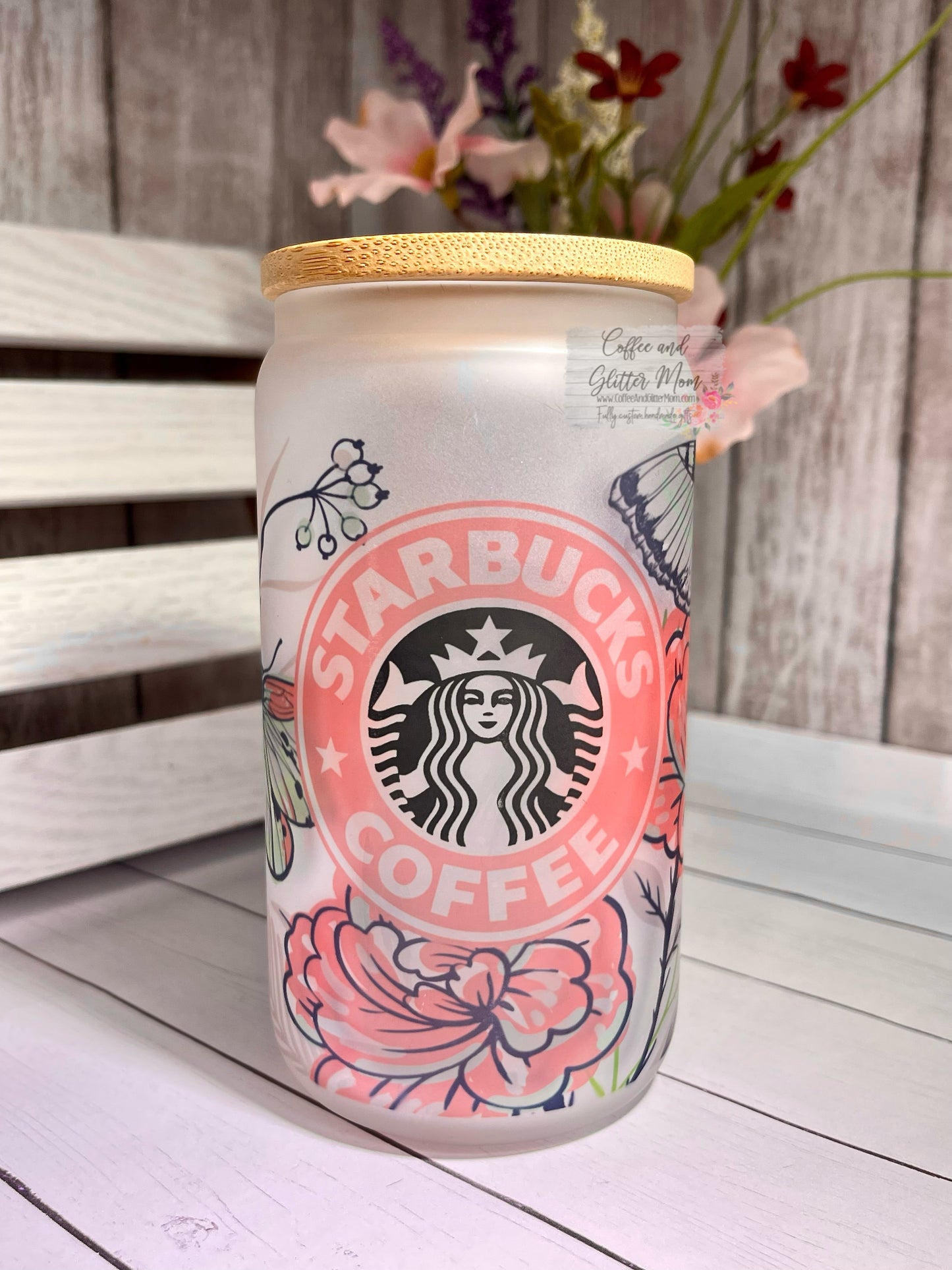 Pink Butterfly Starbucks 12oz Glass Can