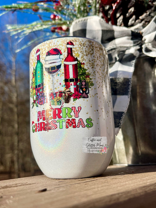 Merry Christmas Wine Bottle 12oz Holographic Sparkle Wine Tumbler