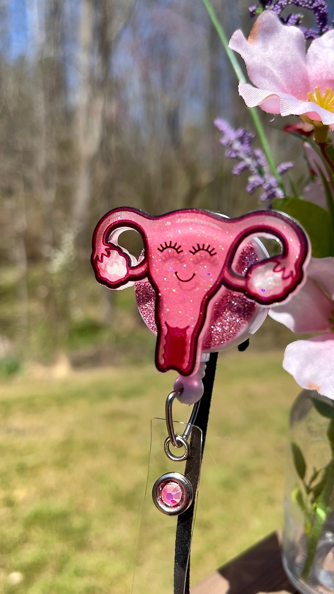 Pink face uterus - retractable badge holder - badge reel - retractable