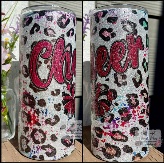Animal Print Pink Cheer 15oz Silver Glitter Skinny Tumbler