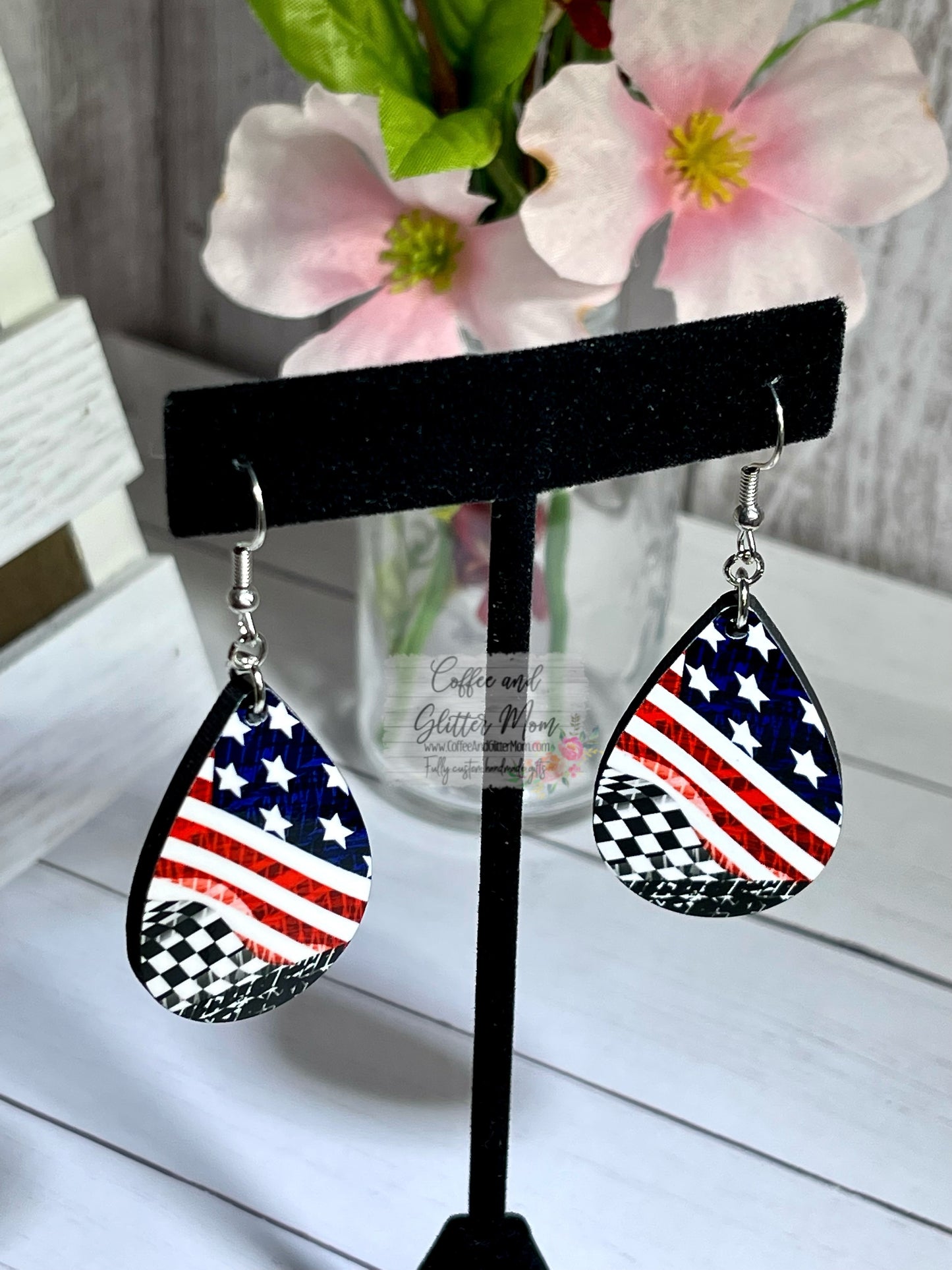 American Checkered Flag Racing Teardrop Earrings