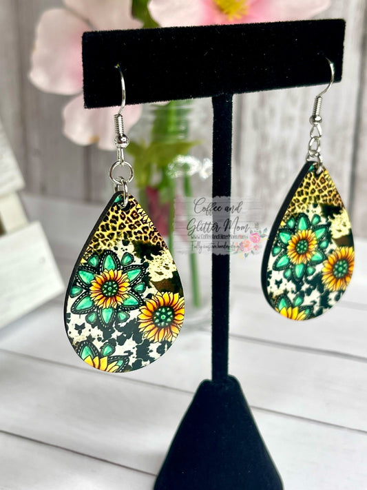 Sunflower Leopard/Cowhide and Turquoise Teardrop Earrings RTS
