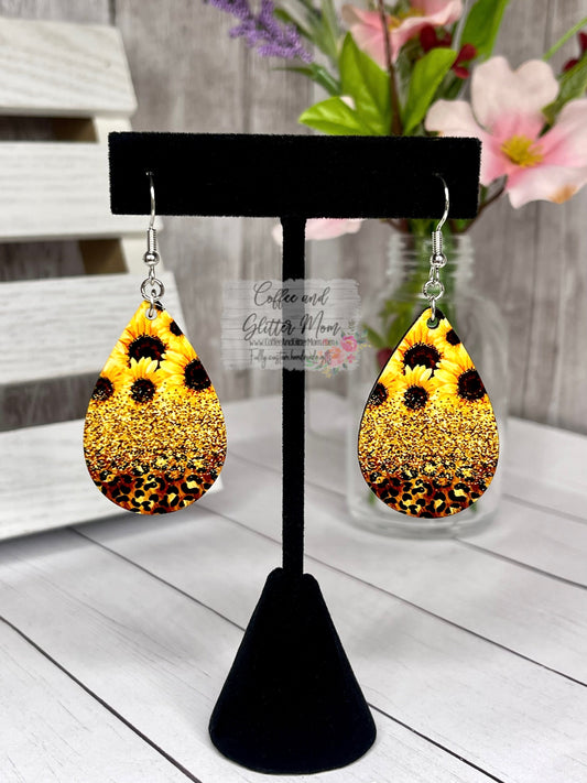 Sunflower Leopard Teardrop Earrings RTS