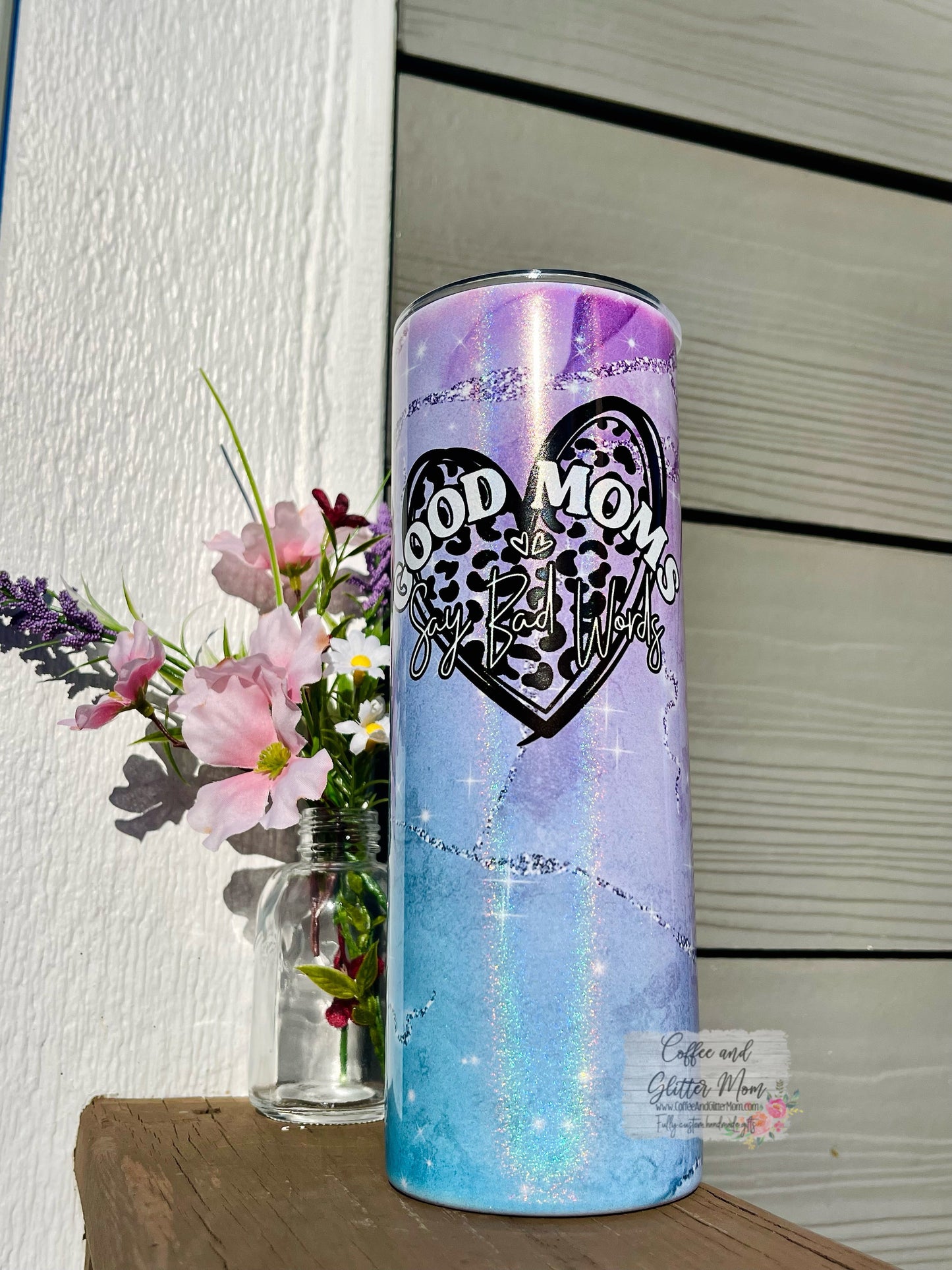 Good Moms Say Marble 20oz Holographic White Skinny Tumbler RTS