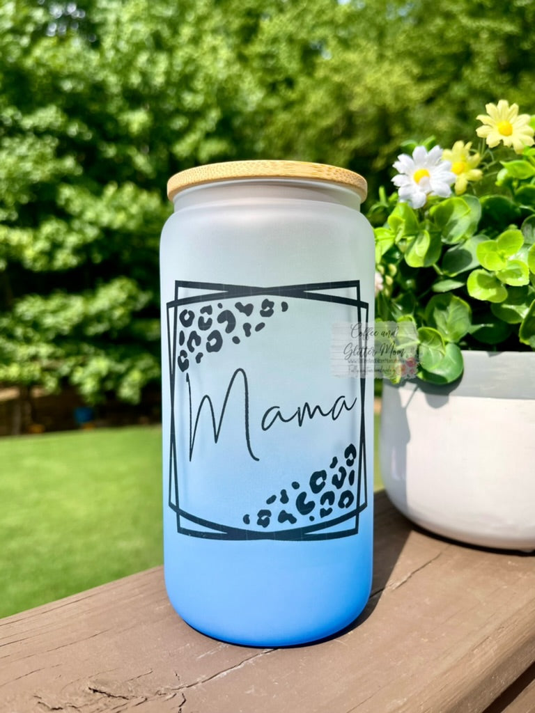 Mama Animal Print Squares 16oz Blue Ombre Glass Can