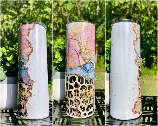 Animal Print Pink Geode Customizable 20oz White Rainbow Skinny Tumbler