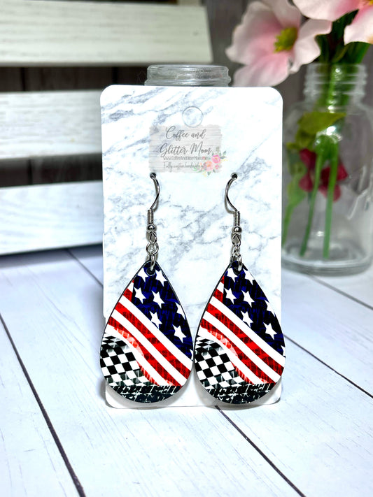 American Checkered Flag Racing Teardrop Earrings