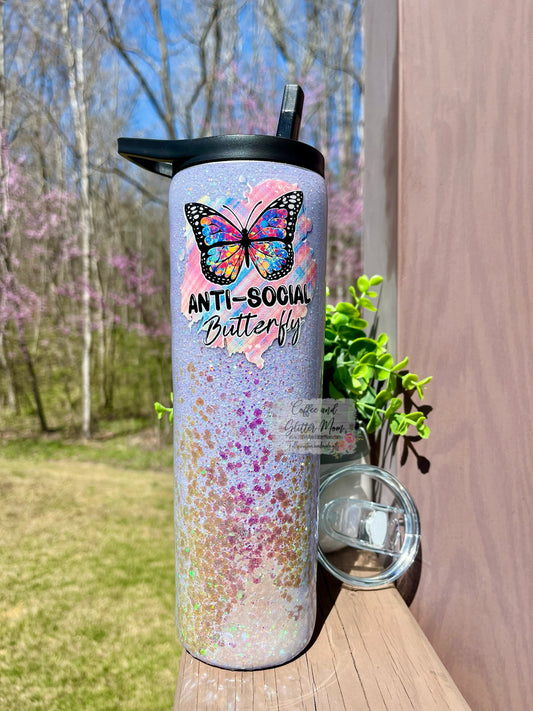 Anti-Social Butterfly 30oz Duo-Lid Skinny Tumbler With Straw