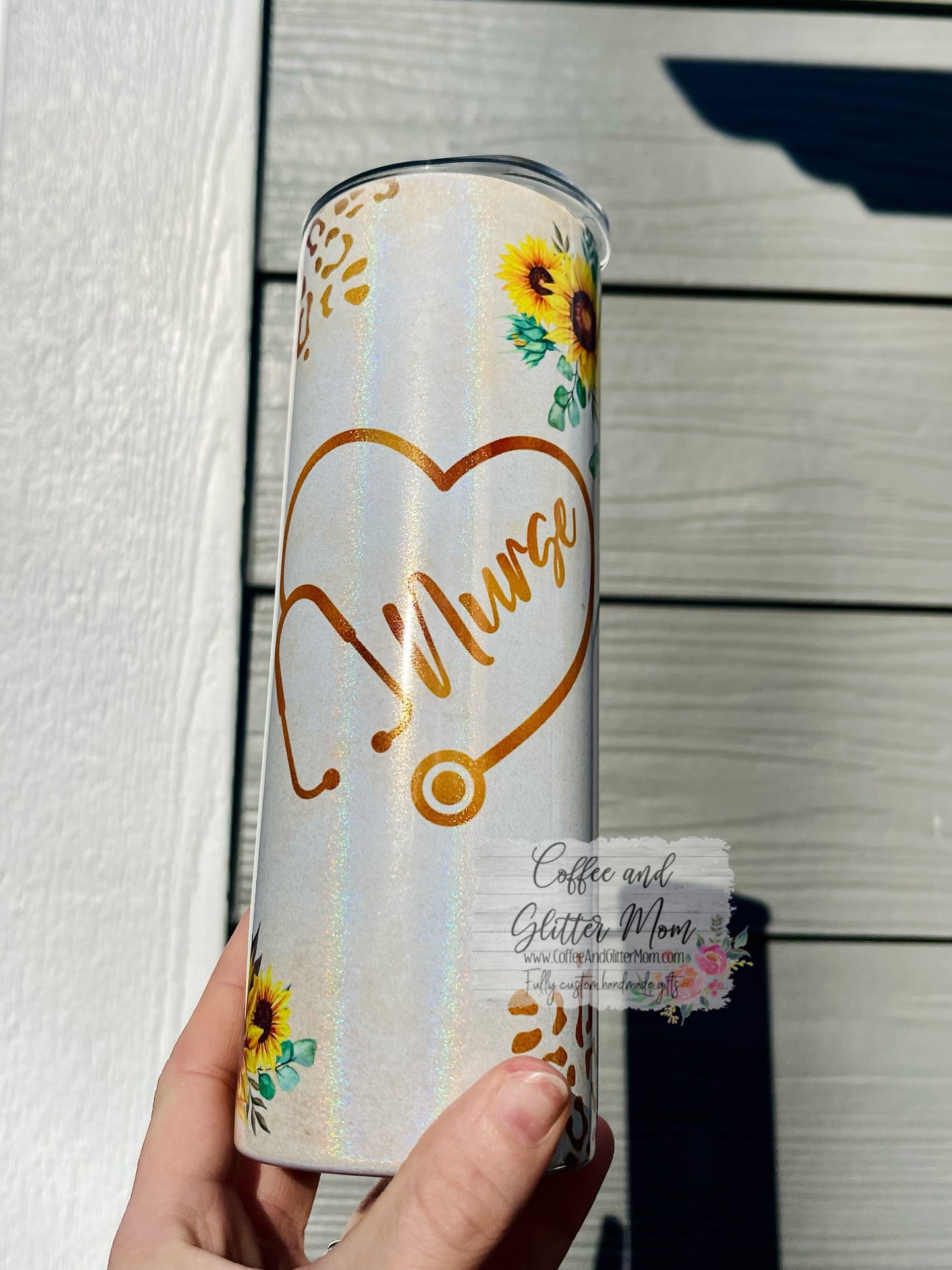 Sunflower Nurse Animal Print 20oz Holographic White Skinny Tumbler