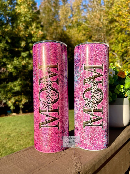 Blessed Mom Animal Print 20oz Holographic Rainbow Skinny Tumbler