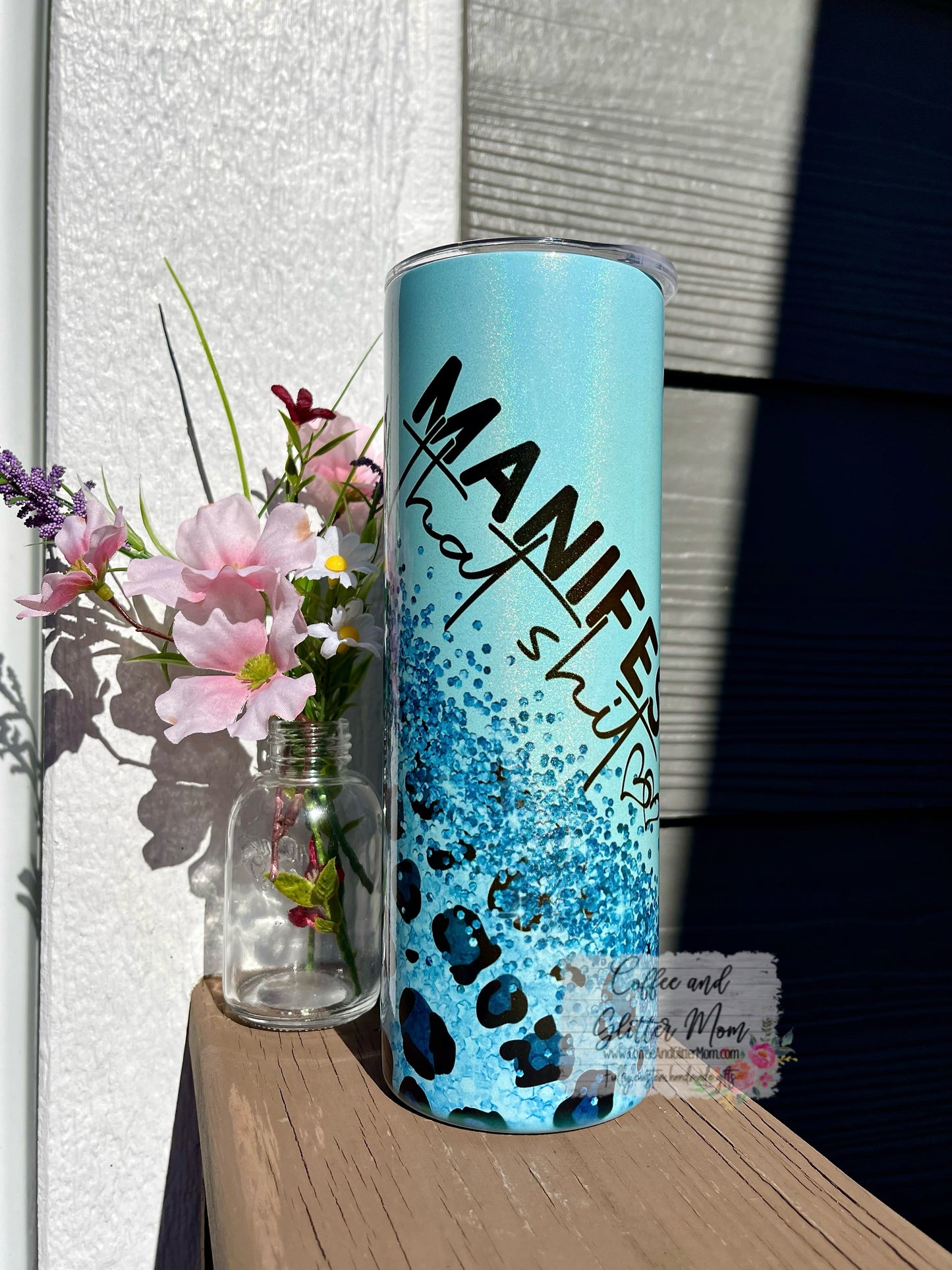 Manifest That Shit Animal Print 20oz Holographic Mint Blue Skinny Tumbler