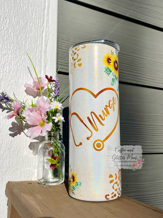 Sunflower Nurse Animal Print 20oz Holographic White Skinny Tumbler