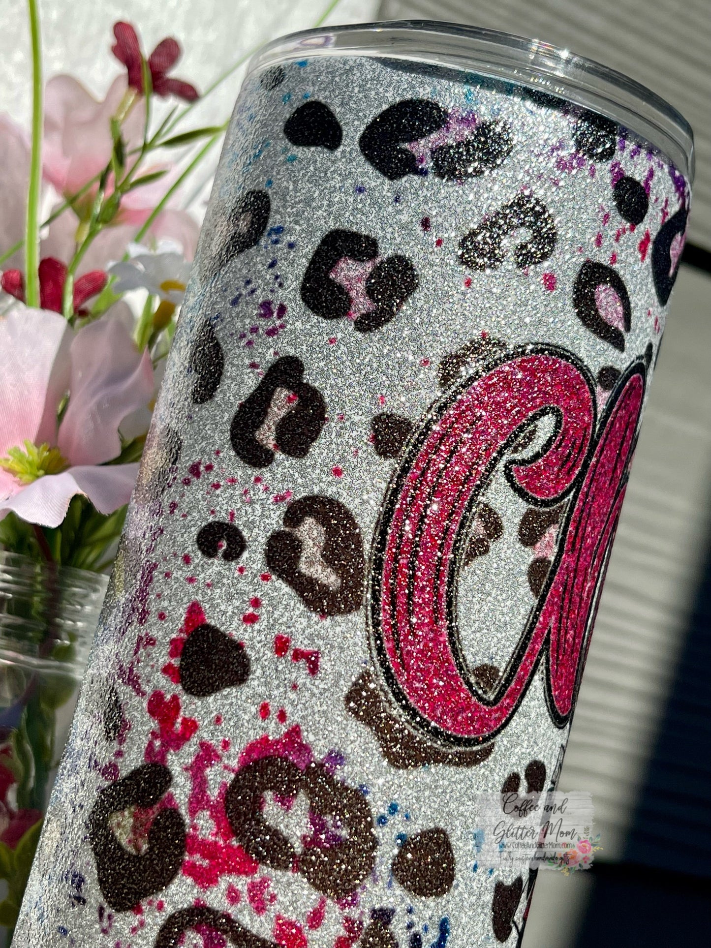 Animal Print Pink Cheer 15oz Silver Glitter Skinny Tumbler