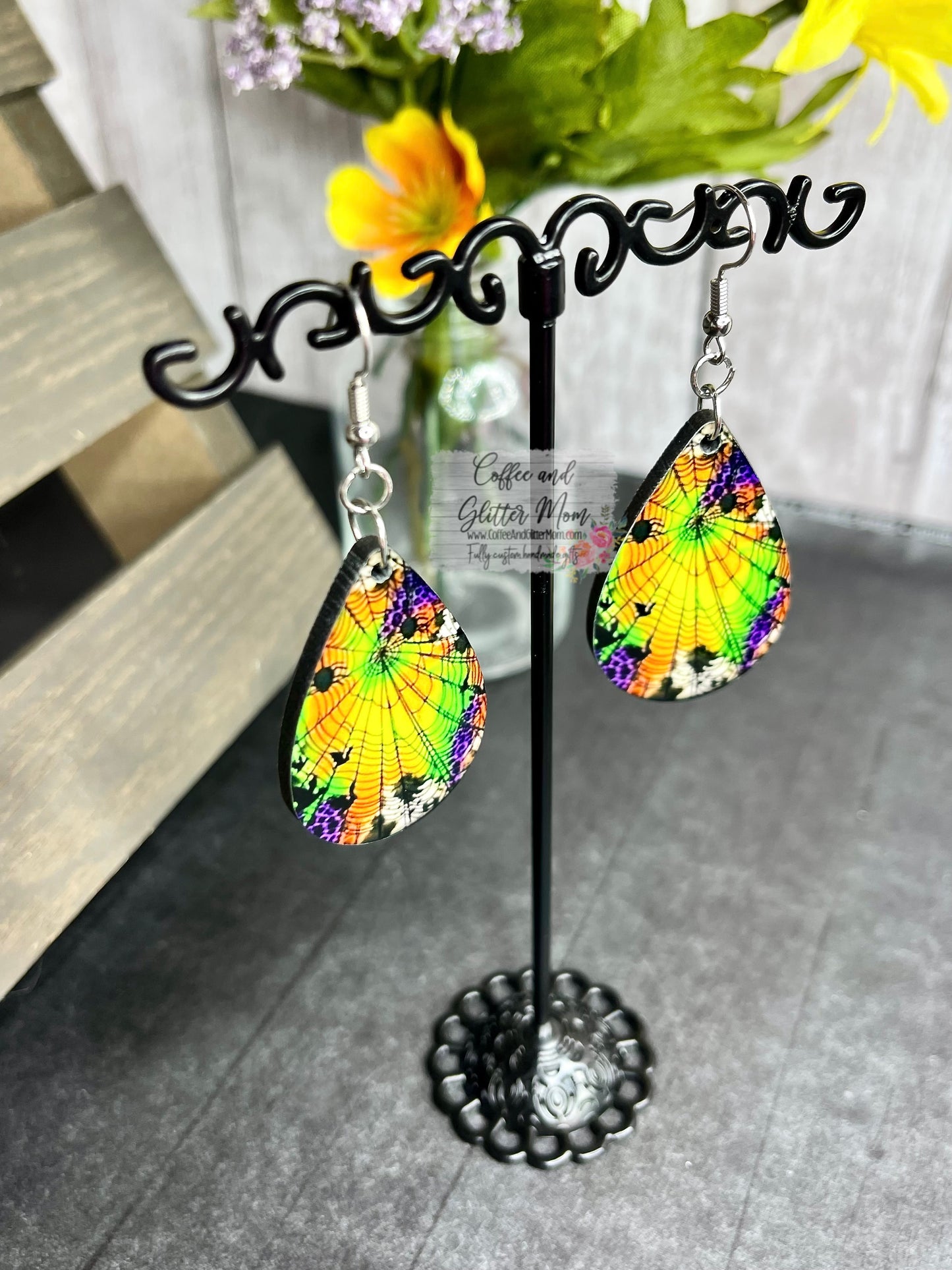 Neon Cobweb Halloween Earrings