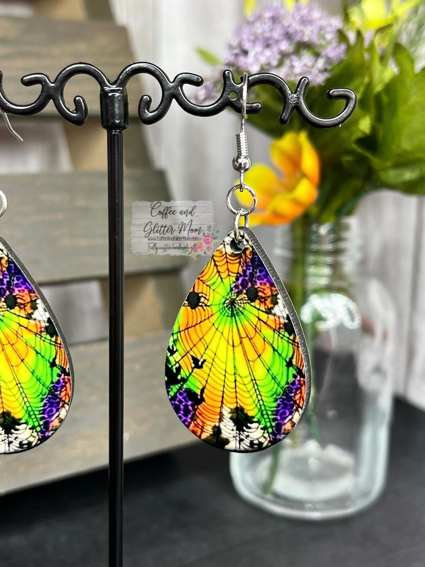 Neon Cobweb Halloween Earrings