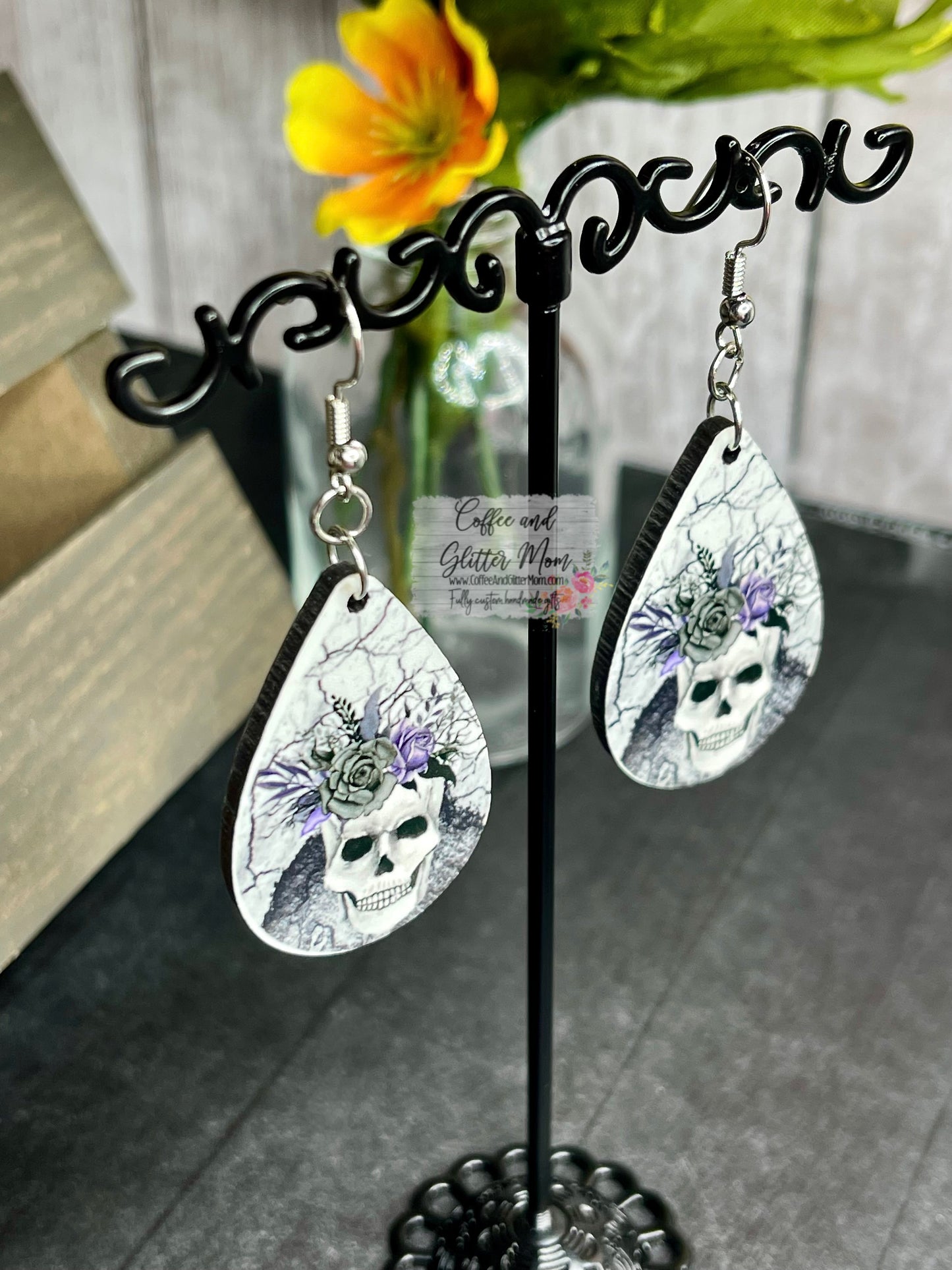 Lavender Rose Skull Earrings