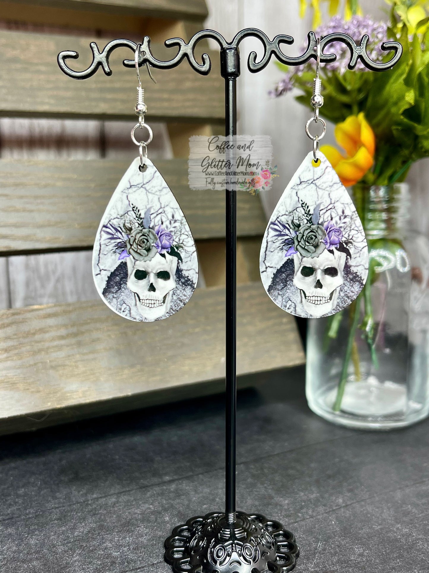 Lavender Rose Skull Earrings