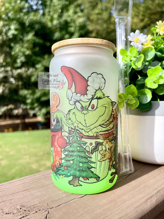 Christmas Grinches Coffee 16oz Green Ombre Glass Can