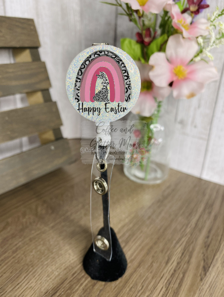 Happy Easter Pink Rainbow Bunny Badge Reel