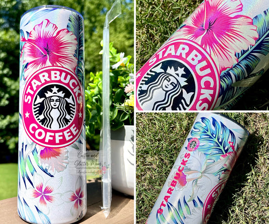 Starbucks Tropical Hibiscus 20oz White Rainbow Skinny Tumbler