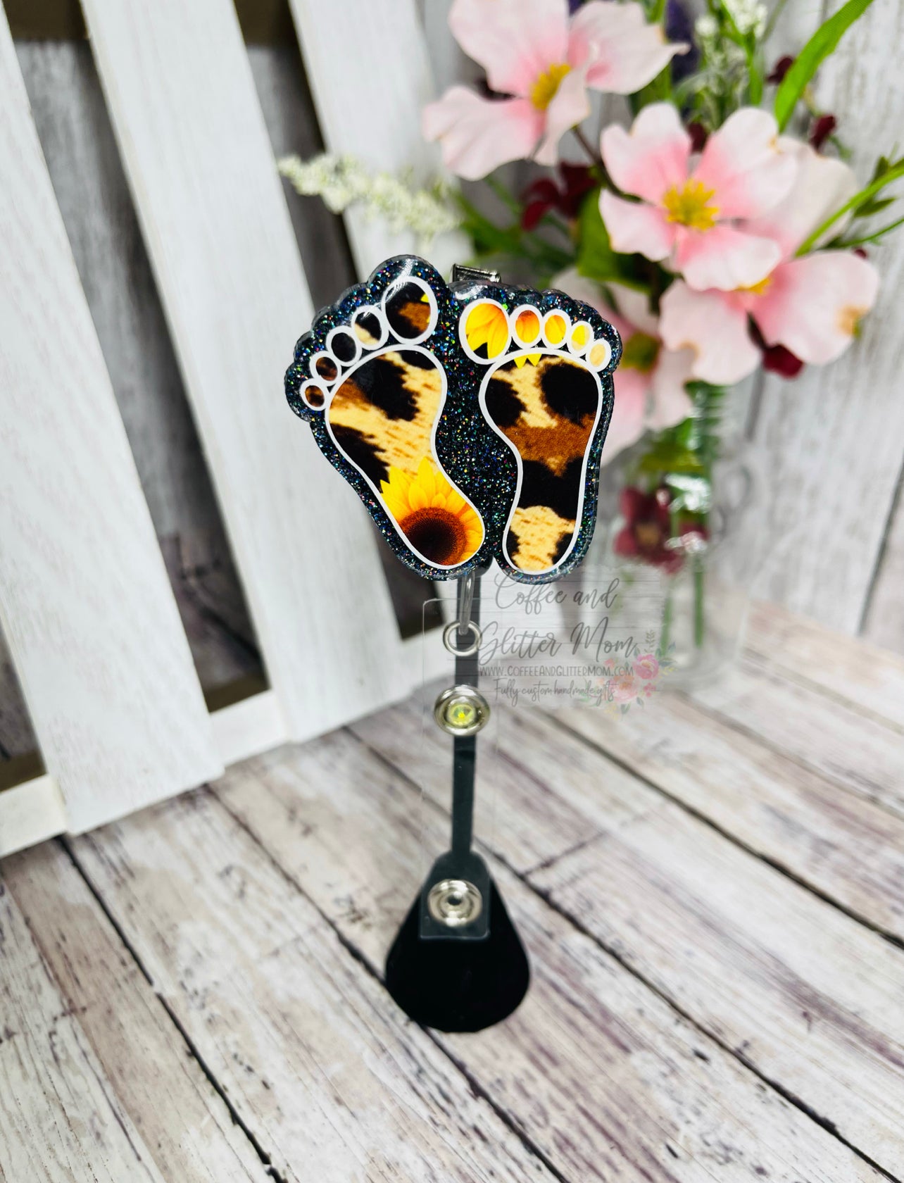 Leopard and Sunflower Feet Designer Badge Reel