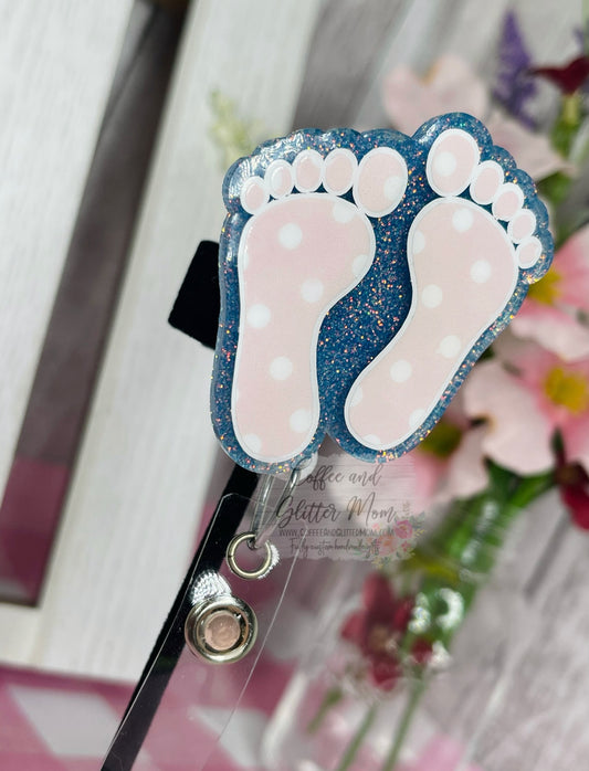 Pink and Blue Polkadot Feet Designer Badge Reel