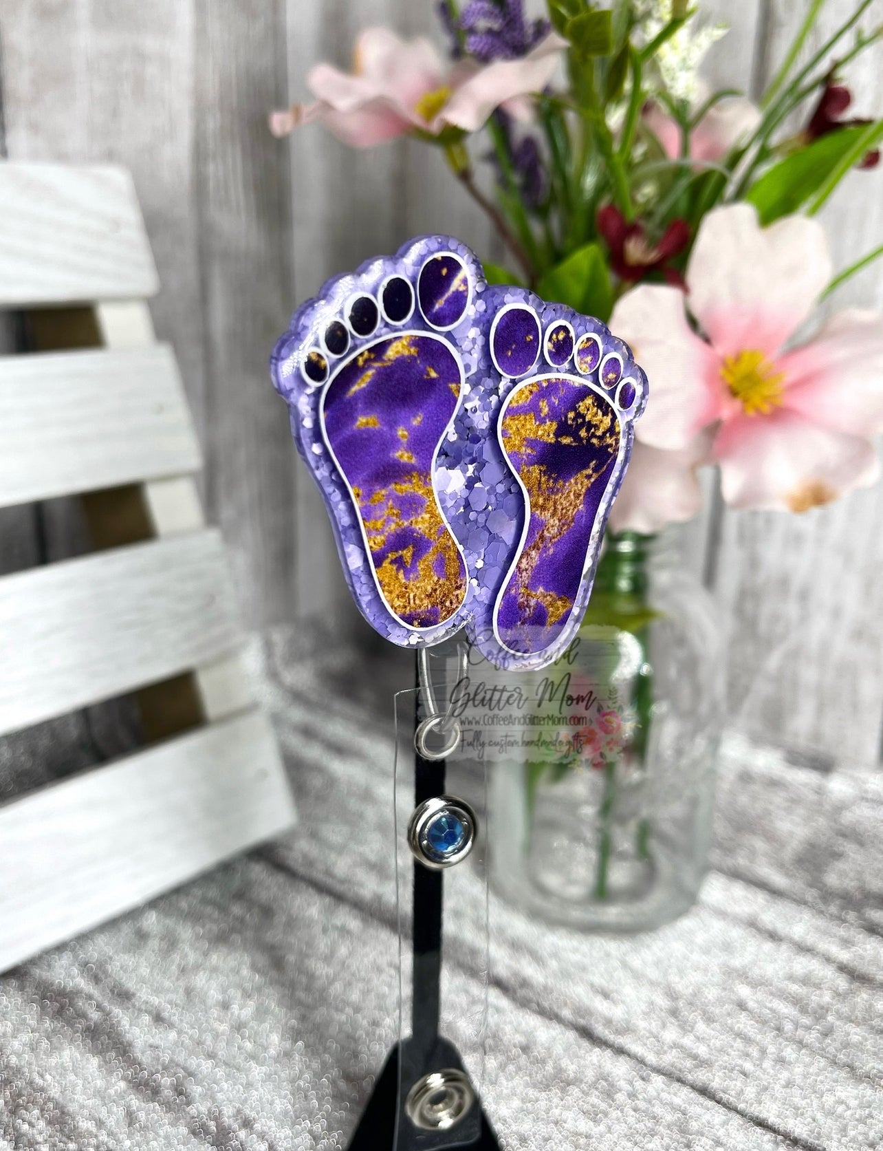 Purple and Gold Marble Feet Badge Reel