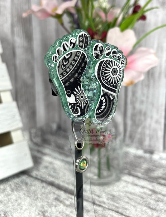 Black and White Sage Mandala Feet Badge Reel