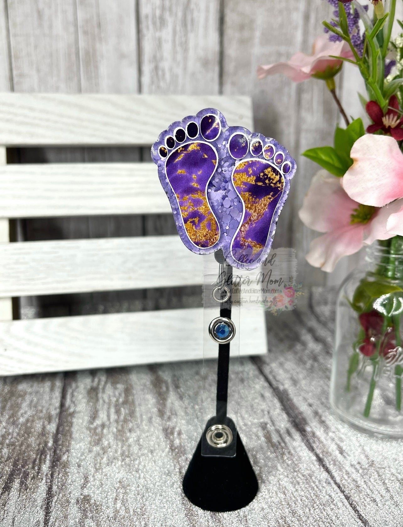 Purple and Gold Marble Feet Badge Reel