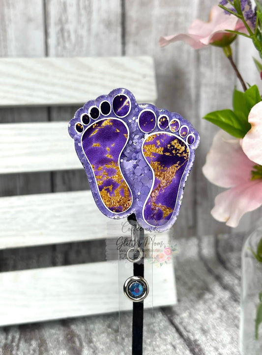 Purple and Gold Marble Feet Badge Reel