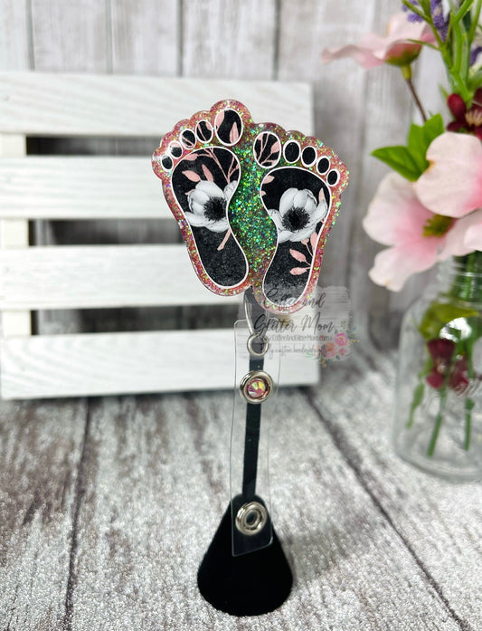 Black and Pink Floral Feet Badge Reel