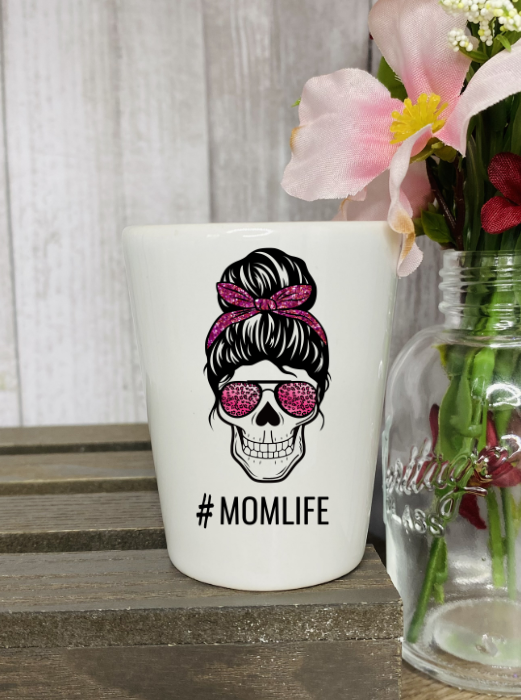 Pink Leopard #MomLife Skull Ceramic Shot Glass