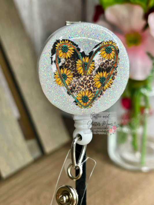 Rustic Sunflower Heart Badge Reel