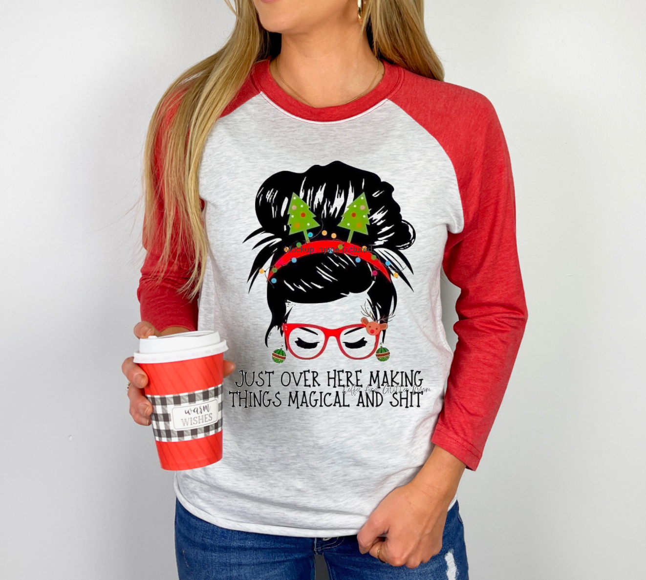 Over Here Making Shit Magical Christmas Unisex Tri-Blend Three-Quarter Sleeve Raglan Tee