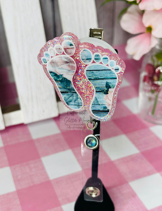 Pink Rose Vintage Feet Designer Badge Reel