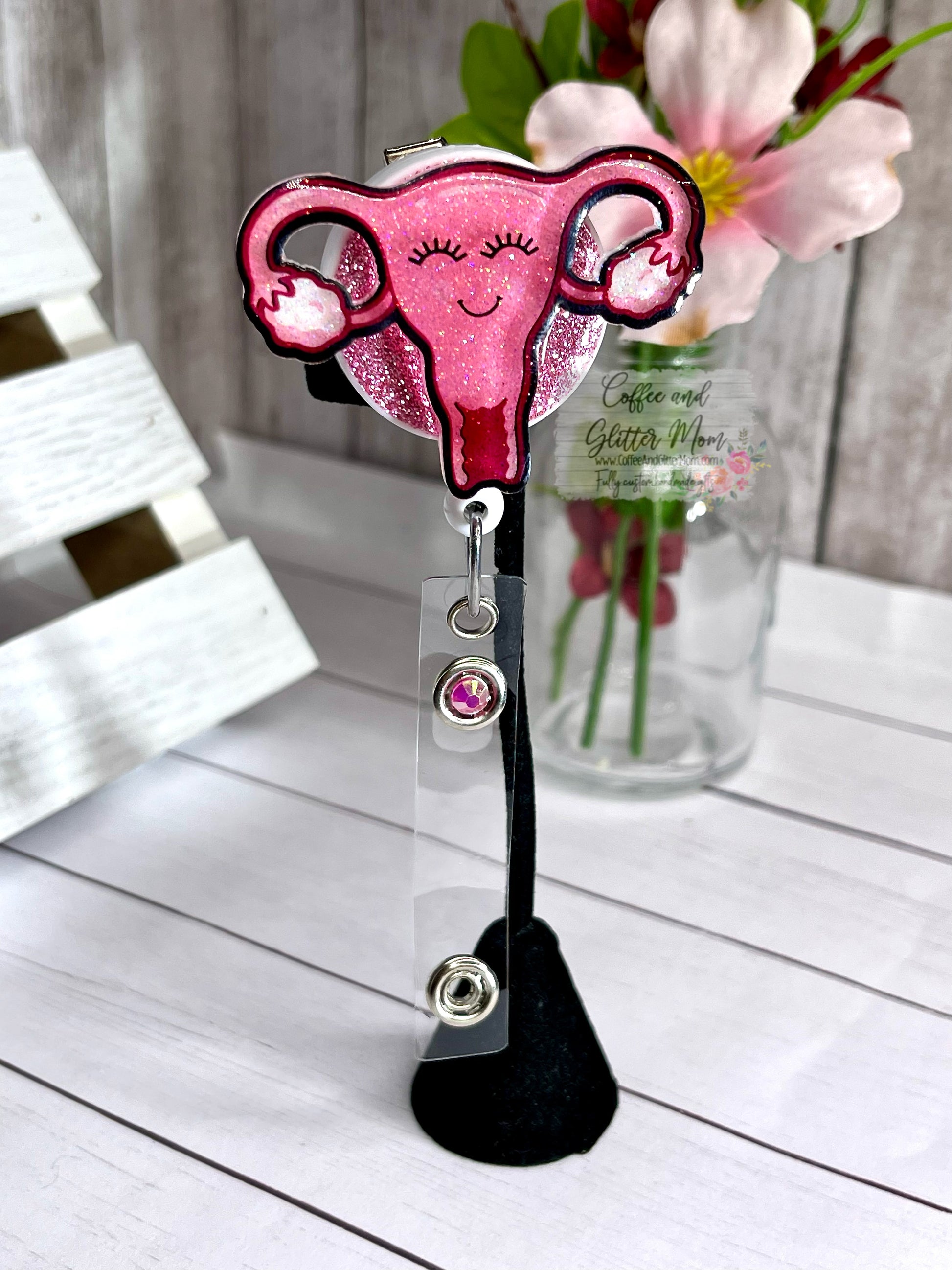 Pink face uterus - retractable badge holder - badge reel - retractable