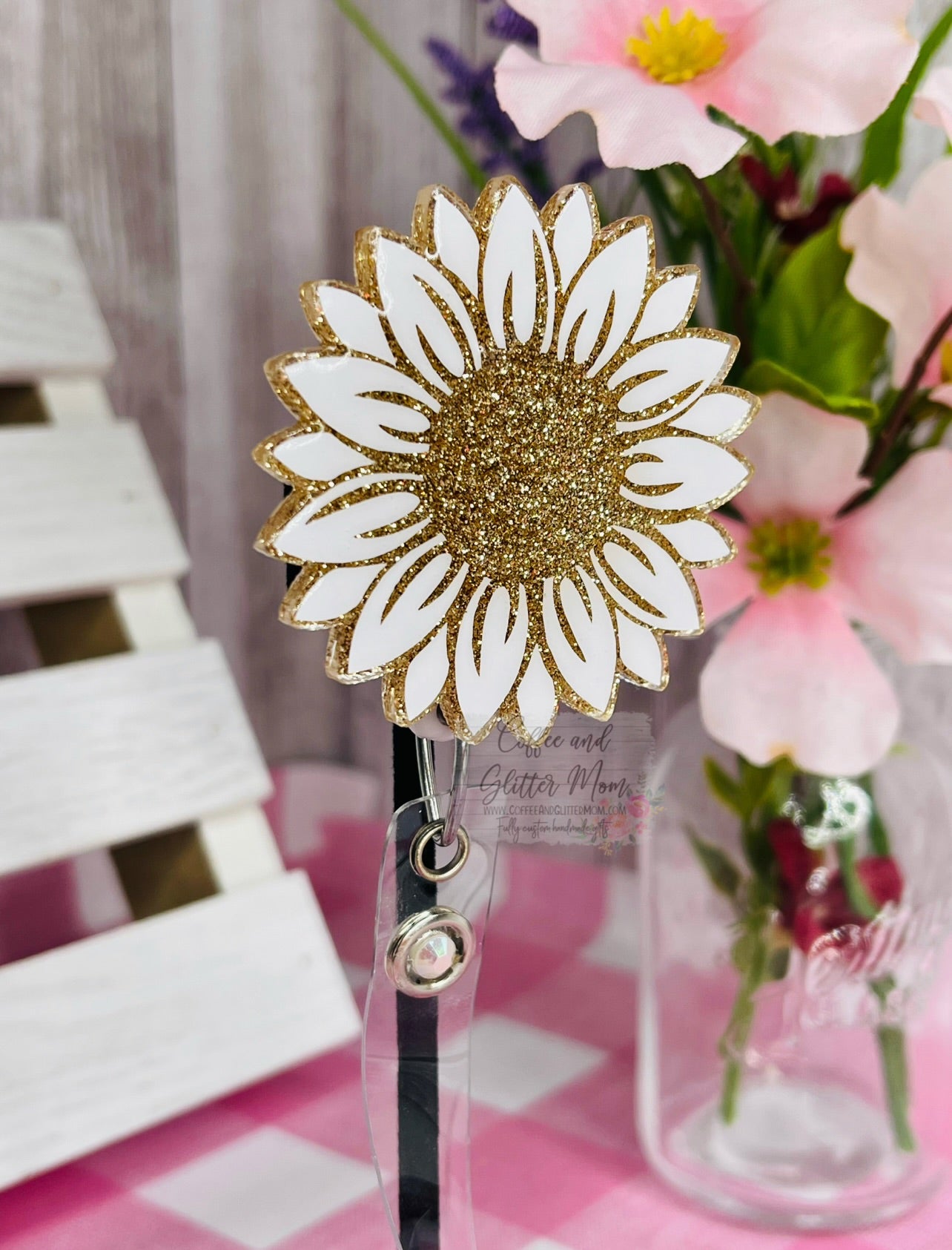White and Champagne Flower Designer Badge Reel